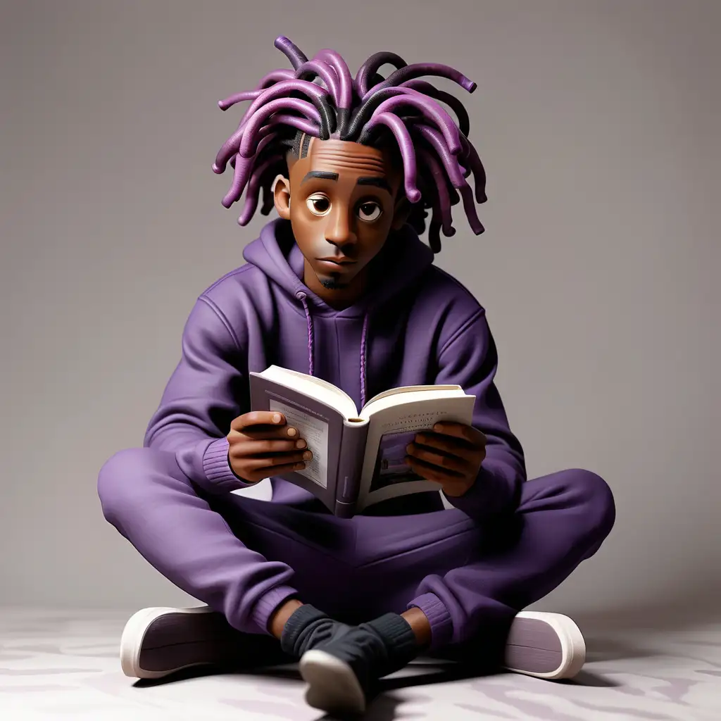 Young short black  man, dressed in a sweasuit  posing, black and purple locs full body shot  sitting down reading a book 