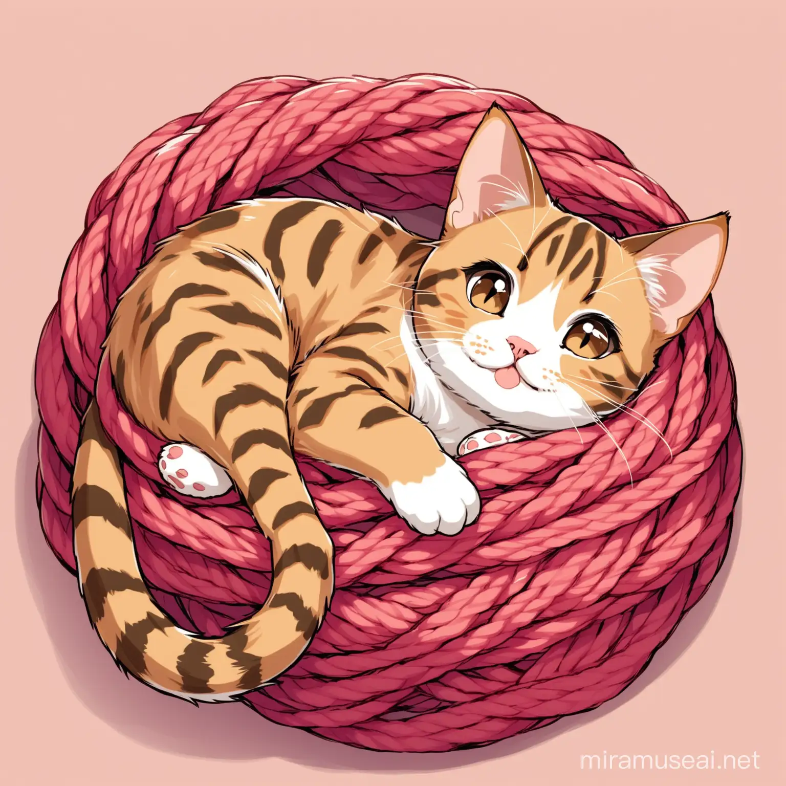 a cute bengal cat laying on its back and tangled up in yarn
