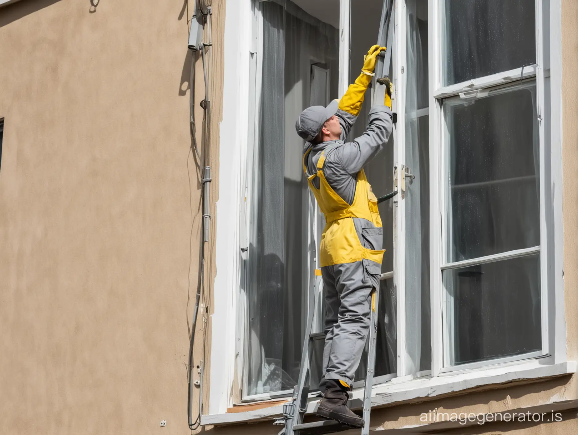 мужчина на лестнице в полный рост. моет окно снаружи дома. одет в спецодежду серого цвета. на руках желтые перчатки
