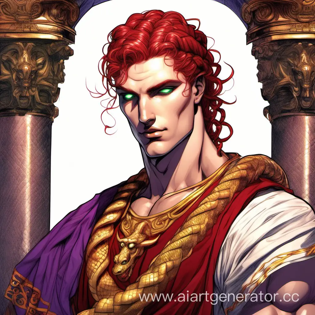 Римский молодой император, красивый, алые волосы заплетённые в косу, изумрудные змеиные глаза, красивая фигура, накаченный, интим, эротика, красная туника с пурпуром, золотые украшения с драконом, дворец, античность, симметрия, рисунок, портрет, комикс
