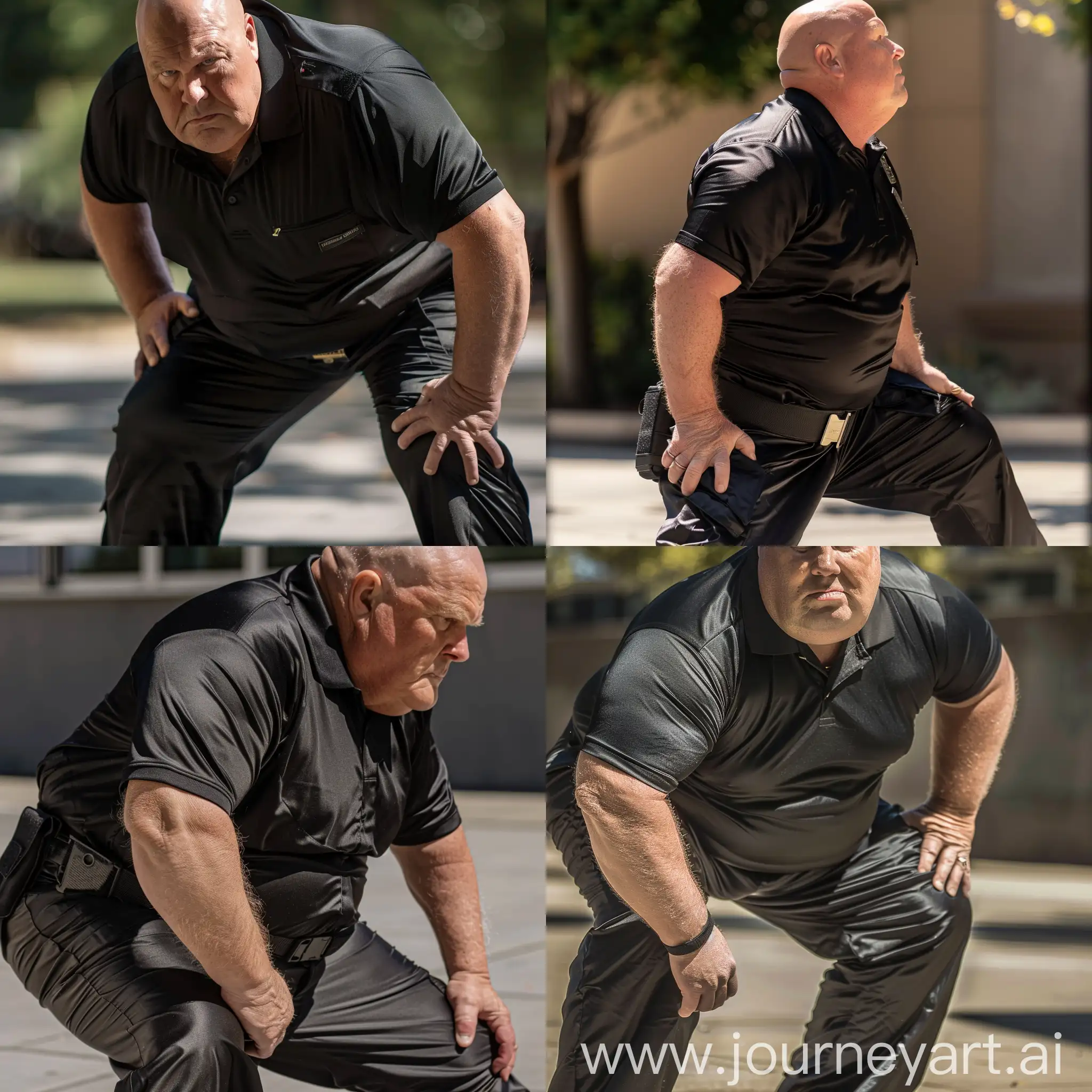 Close-up photo of a fat man aged 70 wearing silk black security guard battle pants and a tucked in black silk sport polo shirt. Tactical belt. Swaggering out with one knee on the ground. Outside. Natural light. Bald. Clean Shaven. --style raw --ar 1:1
