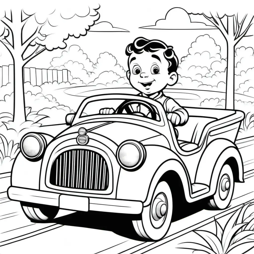  colouring page for kid DRIVING car vintage , , boy , ALONG WITH DOG  ,
cartoon style , thick lines , low detail , no shading --r 911
