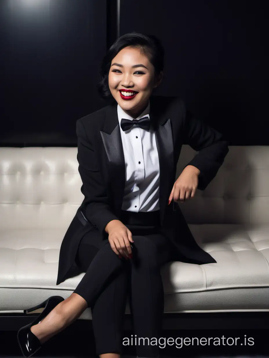 In a dark room, a smiling and laughing Asian woman with dark skin and lipstick is sitting on a couch. She is wearing a tuxedo with a black jacket and black pants. Her shirt is white. Her bowtie is black. Her heels are shiny and black.