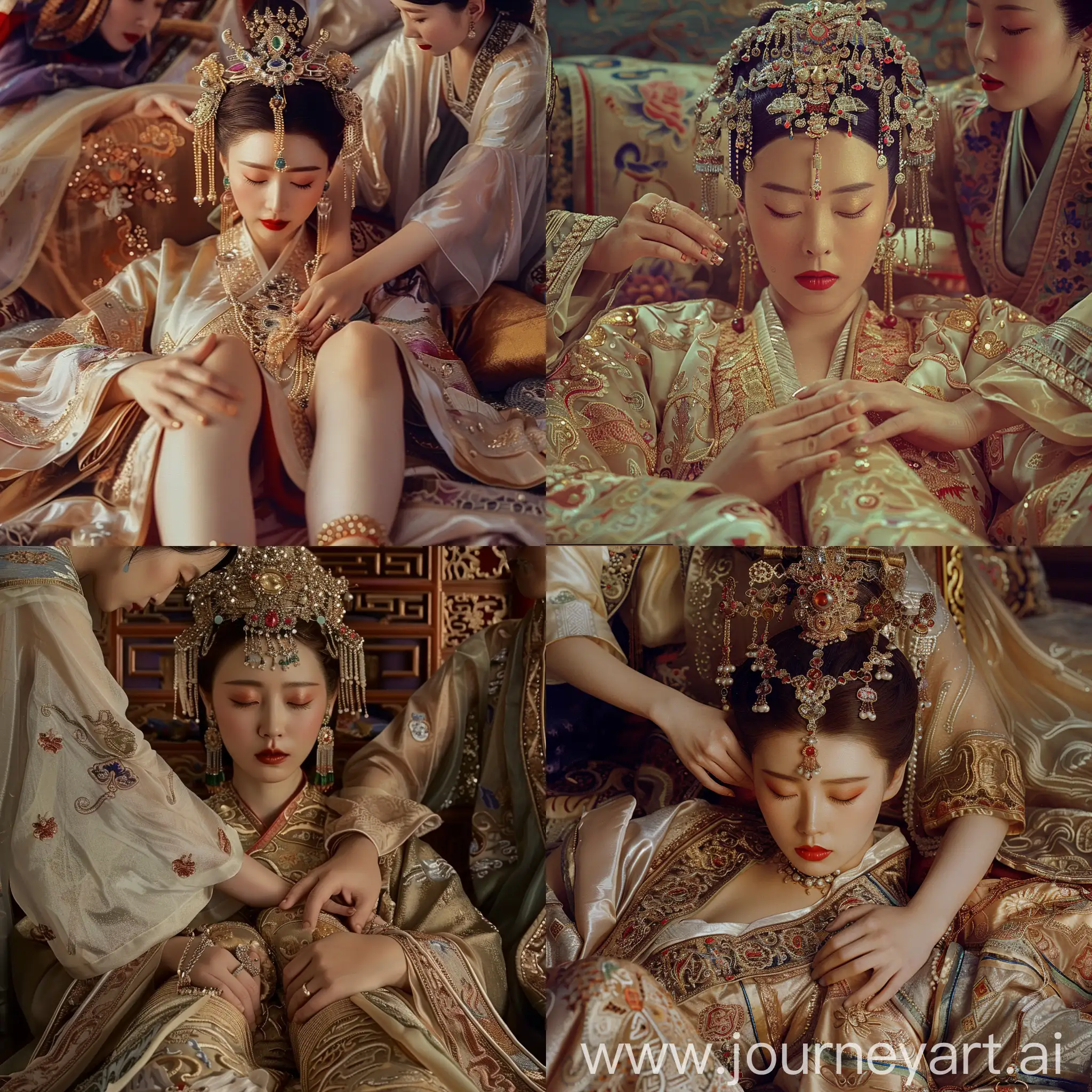 画宫女给中国的女皇捶腿的场景。女皇头上戴着昂贵的珠宝，雍容华贵，闭着眼睛，面色疲惫，身披一袭金线和宝石织成的睡袍，躺在金碧辉煌的床上，一个侍女给她捶腿。古代，细节丰富，全景图，汉服，宫廷，金碧辉煌，奢侈，自然光，衣服保守，华丽
