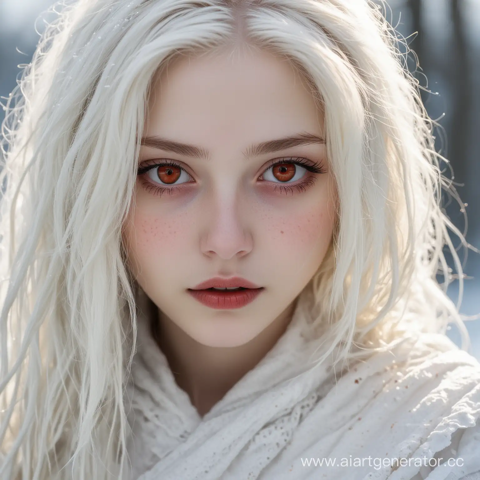 A pretty young girl. 22 years old. Her skin is pale, like a doll's. Her hair is white as snow and falls below her shoulder. Bright blood-red eyes. Her whole image seems both fascinating and frightening at the same time.