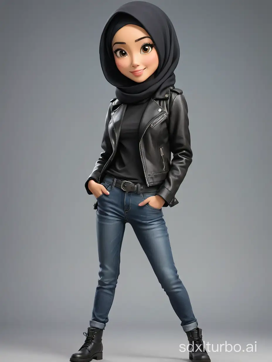 Caricature of a Japanese woman with black hijab, wearing a black leather jacket, blue jeans pants, gray background