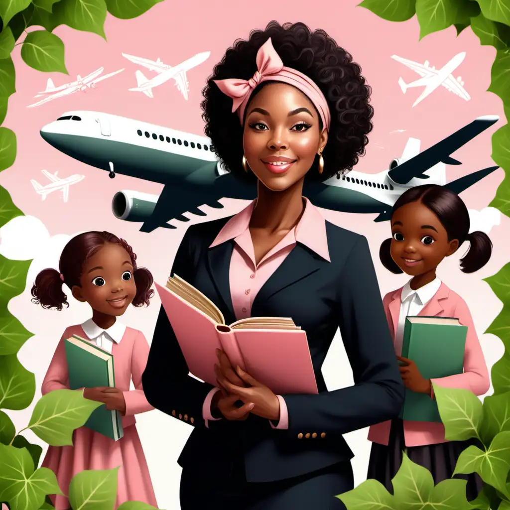 create an image  with an elegant black woman teaching children with books . include a plane in the background,  use ivy, soft  pink and light green in the design