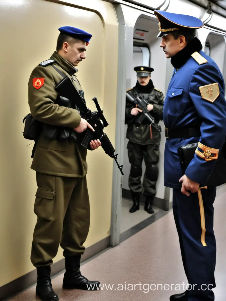 охранник в питерском метро досматривать ставшего военного в военном снаряжении и оружием