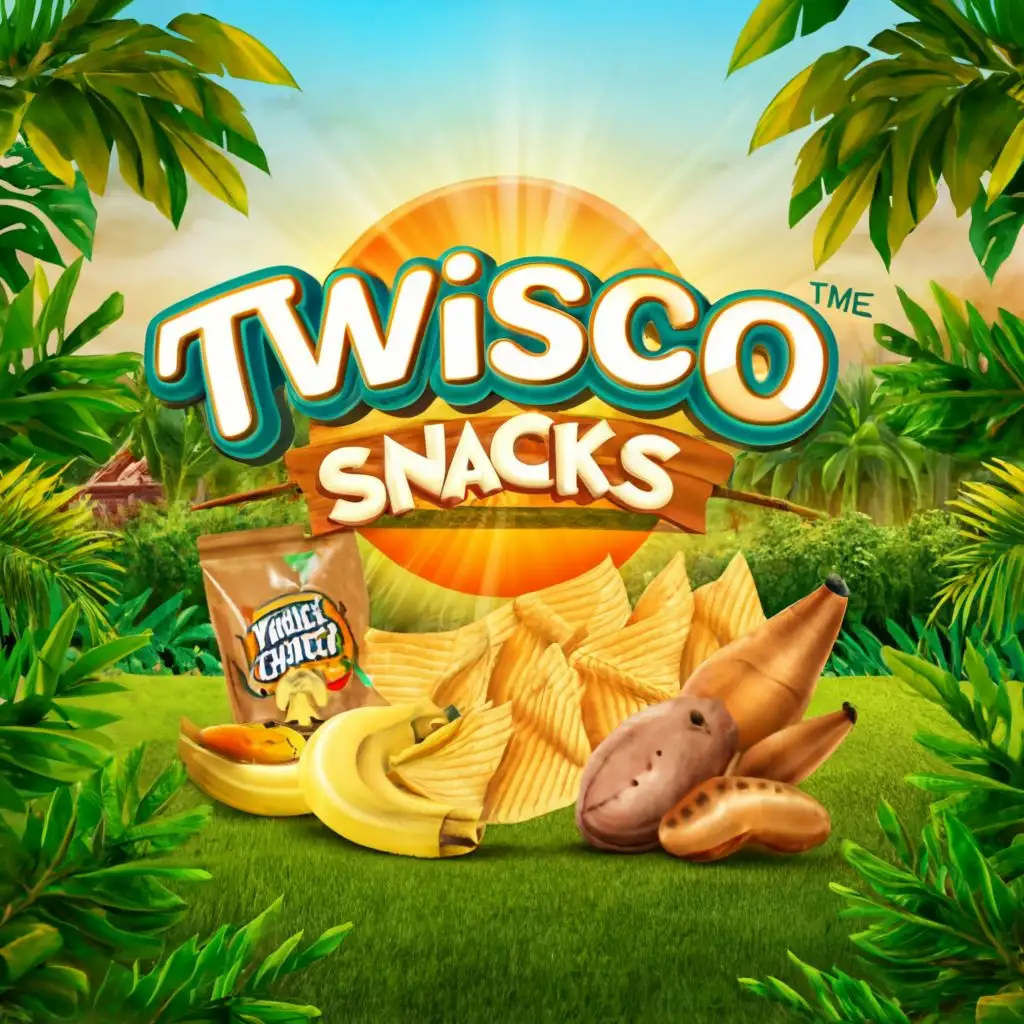 a logo design,with the text "TWISCO SNACKS", main symbol:create a mock up logo of various tropical chips and snacks such as banana, plantain, sweet potatoes etc, make it with a tropical rainforest background, with the sunrise,Moderate,clear background