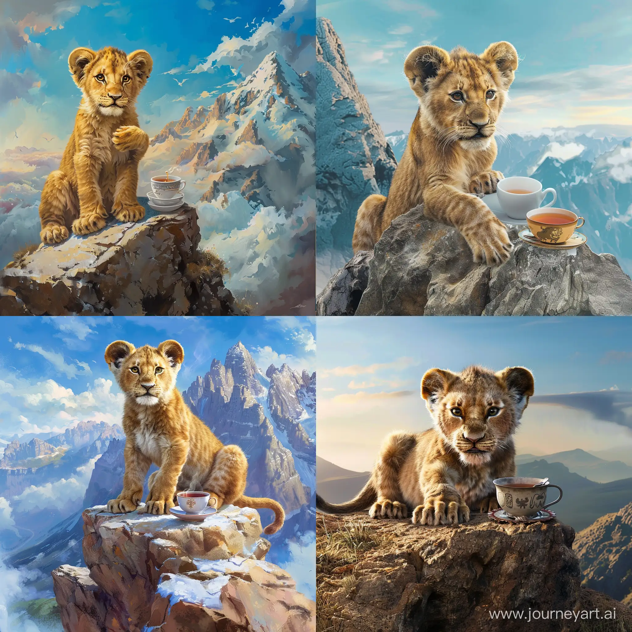 Lion-Cub-Enjoying-a-Tranquil-Tea-Moment-atop-a-Majestic-Mountain