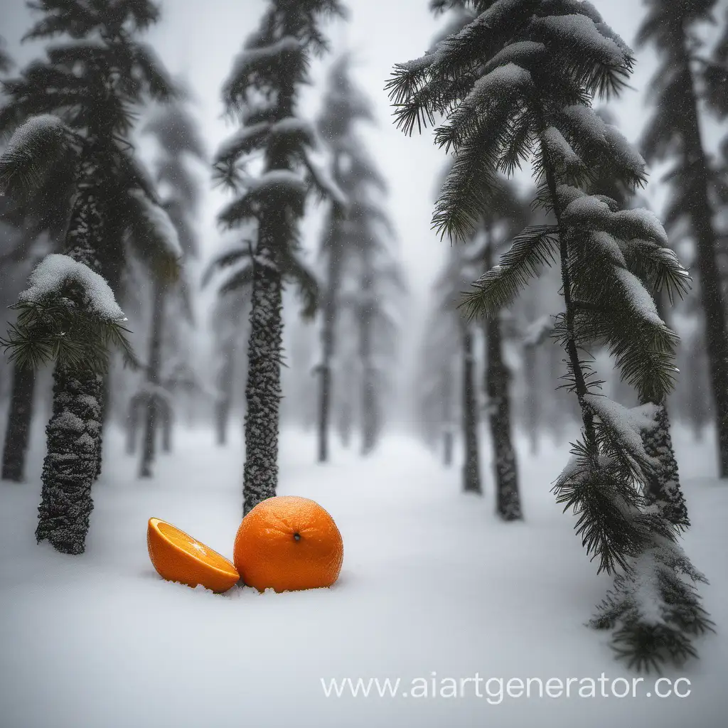 апельсин валяющийся в пихтовом лесу в метель