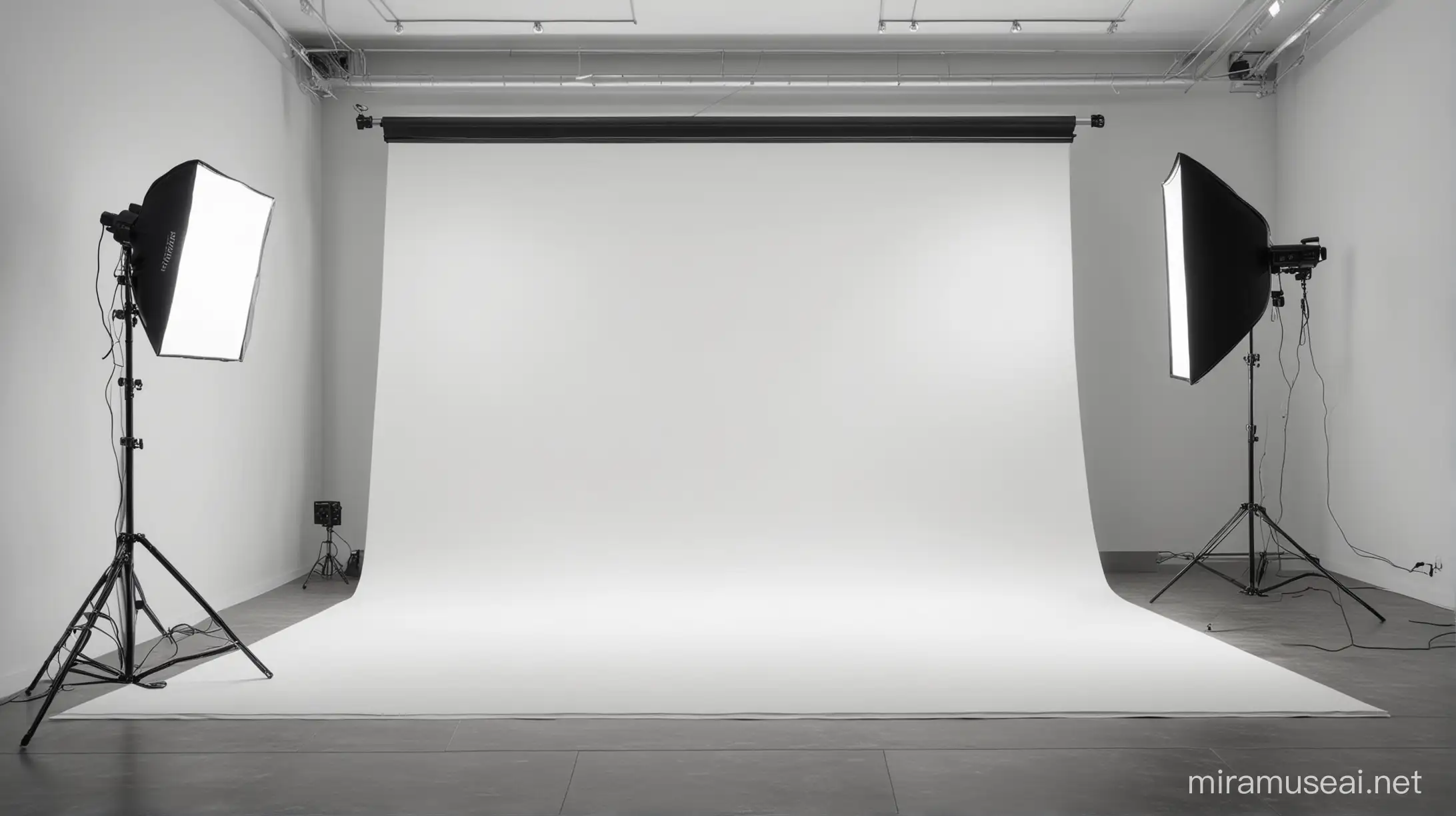 Open shot of a Professional photography studio, frontal photography, state-of-the-art lighting, modern and current, white endless, professional lighting, high definition, ultra detailed, hyper-realistic

