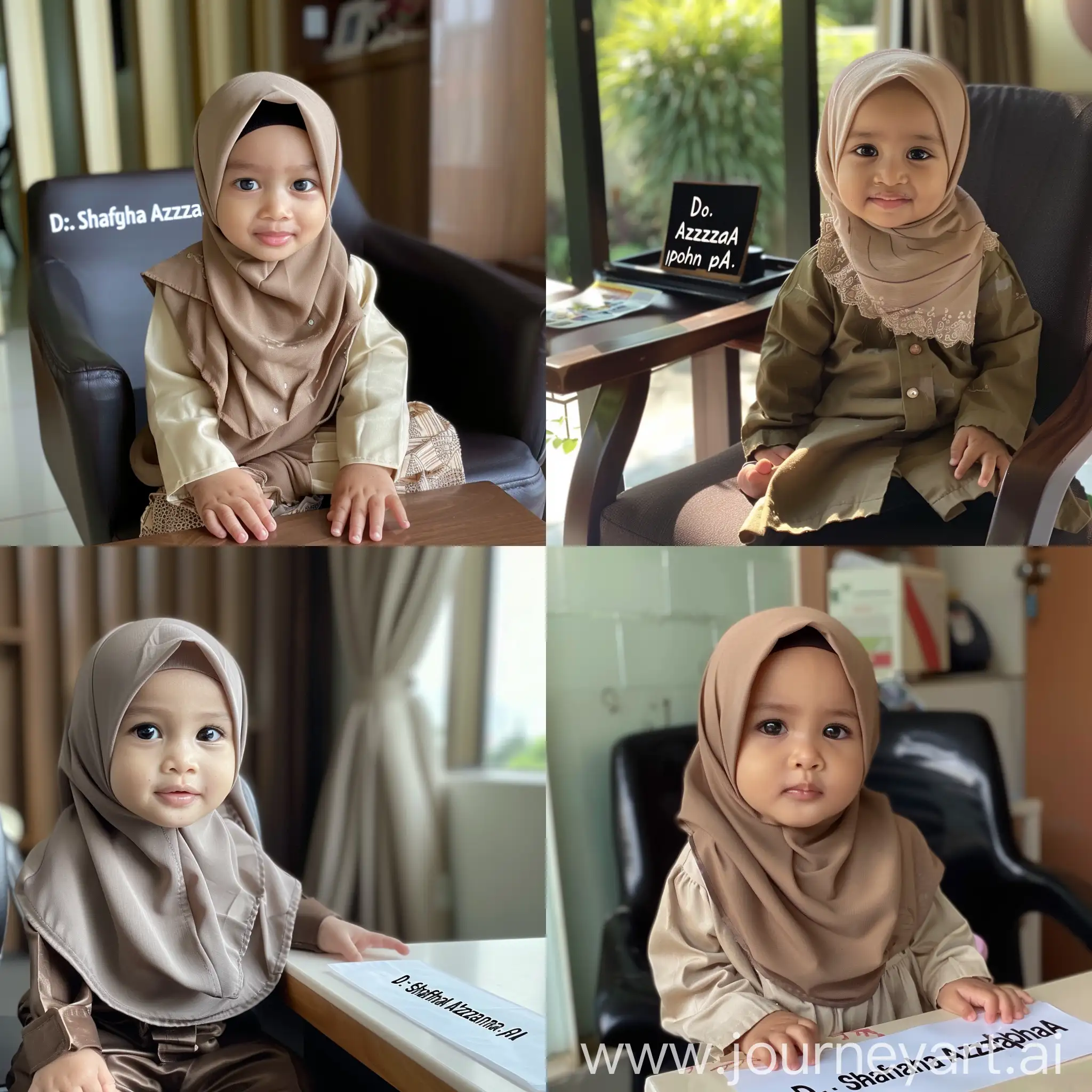 a small Indonesian child, wearing a hijab, sitting on a chair, there is a name on the table with the text "Dr. Shafwah Azzahra Pohan Sp.A"