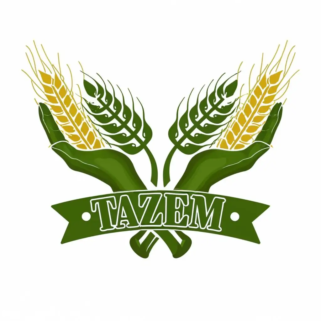 logo, Fresh leaves and wheat ears between two hands, with the text "TAZEM", typography, be used in Restaurant industry