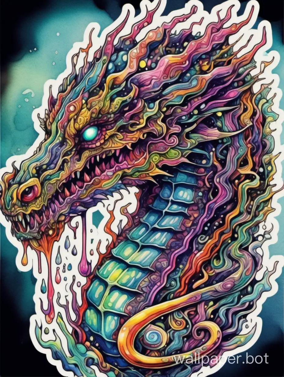 a psychedelic surrealist illustration of intricate front head of chill dragon, surreal, explosive watercolor intricate, dripping, melting, sticker art