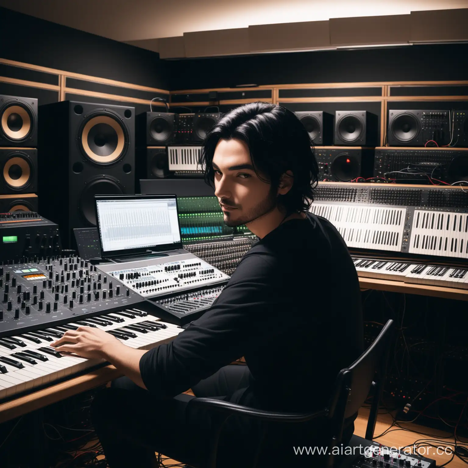 BlackHaired-Music-Producer-Surrounded-by-Synthesizers-in-Studio