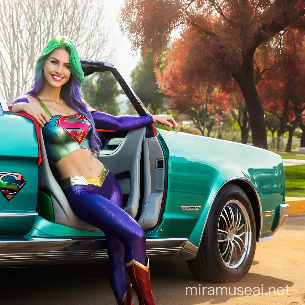 ultra detailed ,8k, birdview, single real look  beauty smiling supergirl with purple superhero suit,e cup, long green hair, superlong leg, real look  whiten thiner  color long car ,