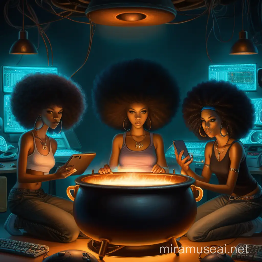 three black women with afros in a darkened room with warm lights round a cauldron surrounded with mysterious electronic devices