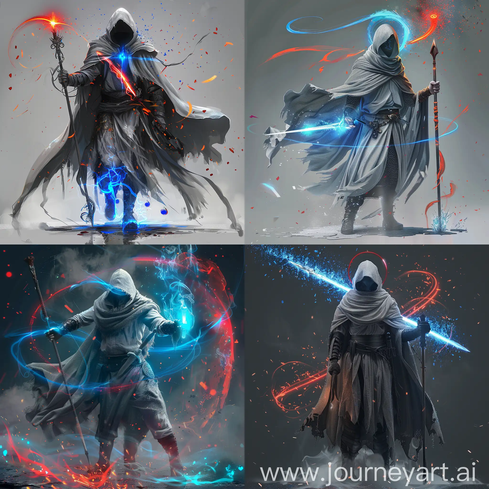 warmage with sword and staff, grey cape, blue aura, red halo, elemental particles, hd