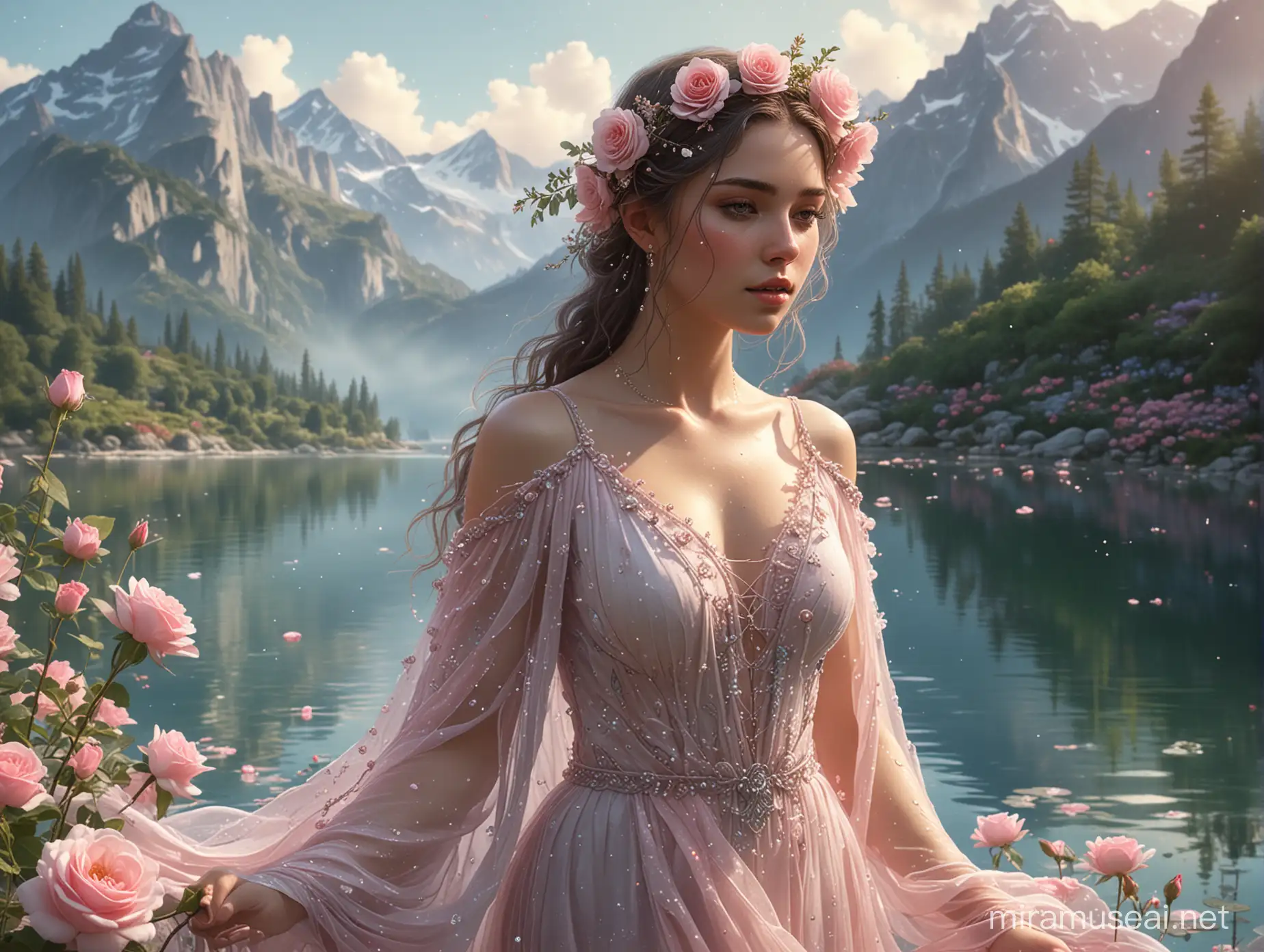 The image is a digitally created featuring a **beautiful female character**. The character is adorned in an elegant, flowing dress that appears to be made of water or some ethereal material. She wears a decorative headpiece with flowers and beads hanging down beside her face. The background depicts a serene and magical landscape with towering mountains, a calm lake surrounded by blooming pink roses. Water splashes around her, adding to the mystical aura of the scene. The color palette consists of soft pinks, blues, and greens creating an enchanting atmosphere. hyperrealistic. UHD extreme