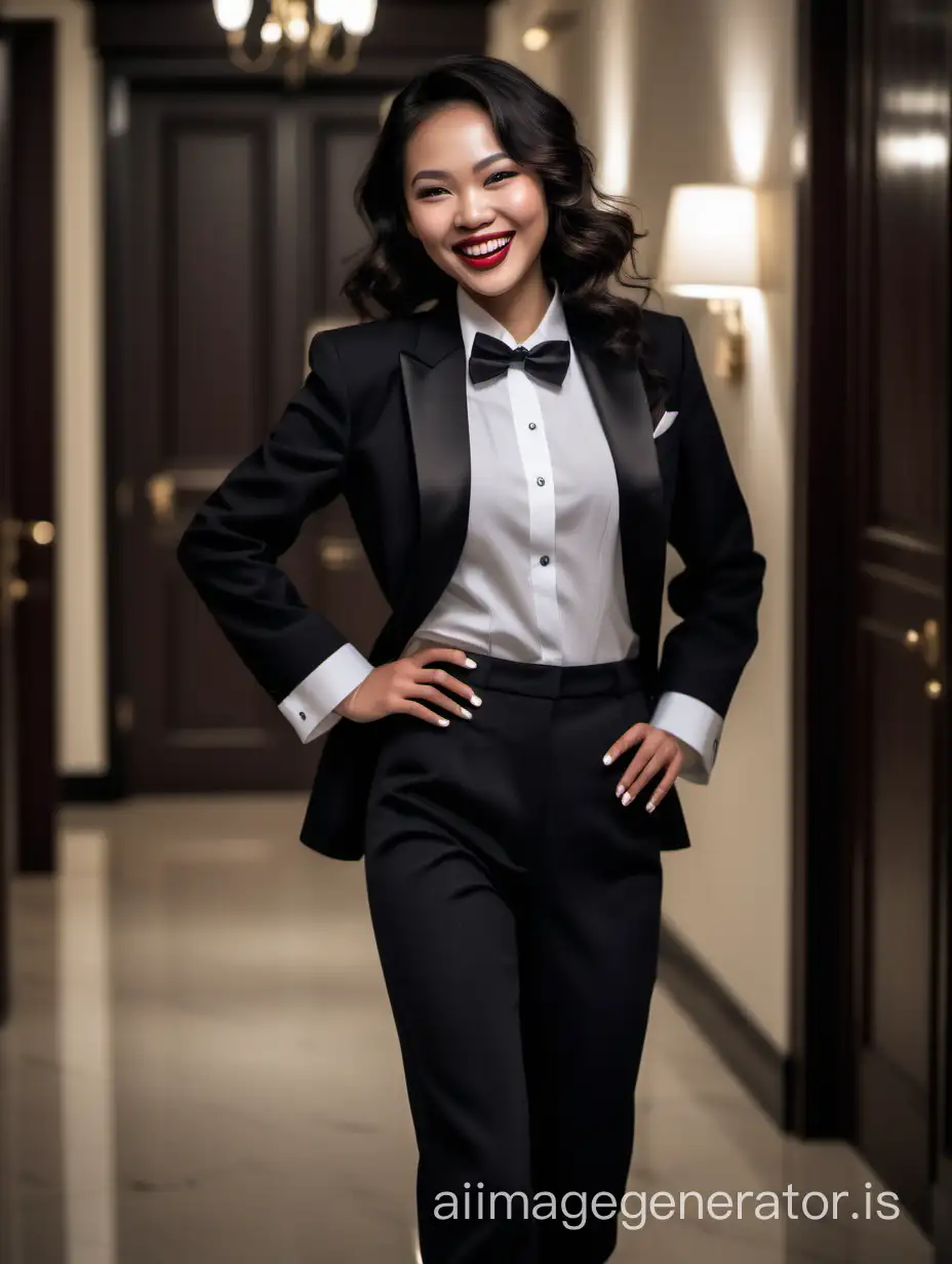 It is night. The lighting is dim. The scene is the room in a wealthy mansion. A beautiful smiling and laughing vietnamese woman with tan skin, wavy black hair, and lipstick, mid-twenties of age, is walking straight forward, looking at the viewer.  She is wearing a tuxedo with an open black jacket and black pants.  Her shirt is white with double french cuffs and a wing collar.  Her bowtie is black.   Her cufflinks are large and black.  She is wearing shiny black high heels.  She is smiling and laughing.  Photorealistic, best quality raw photo.