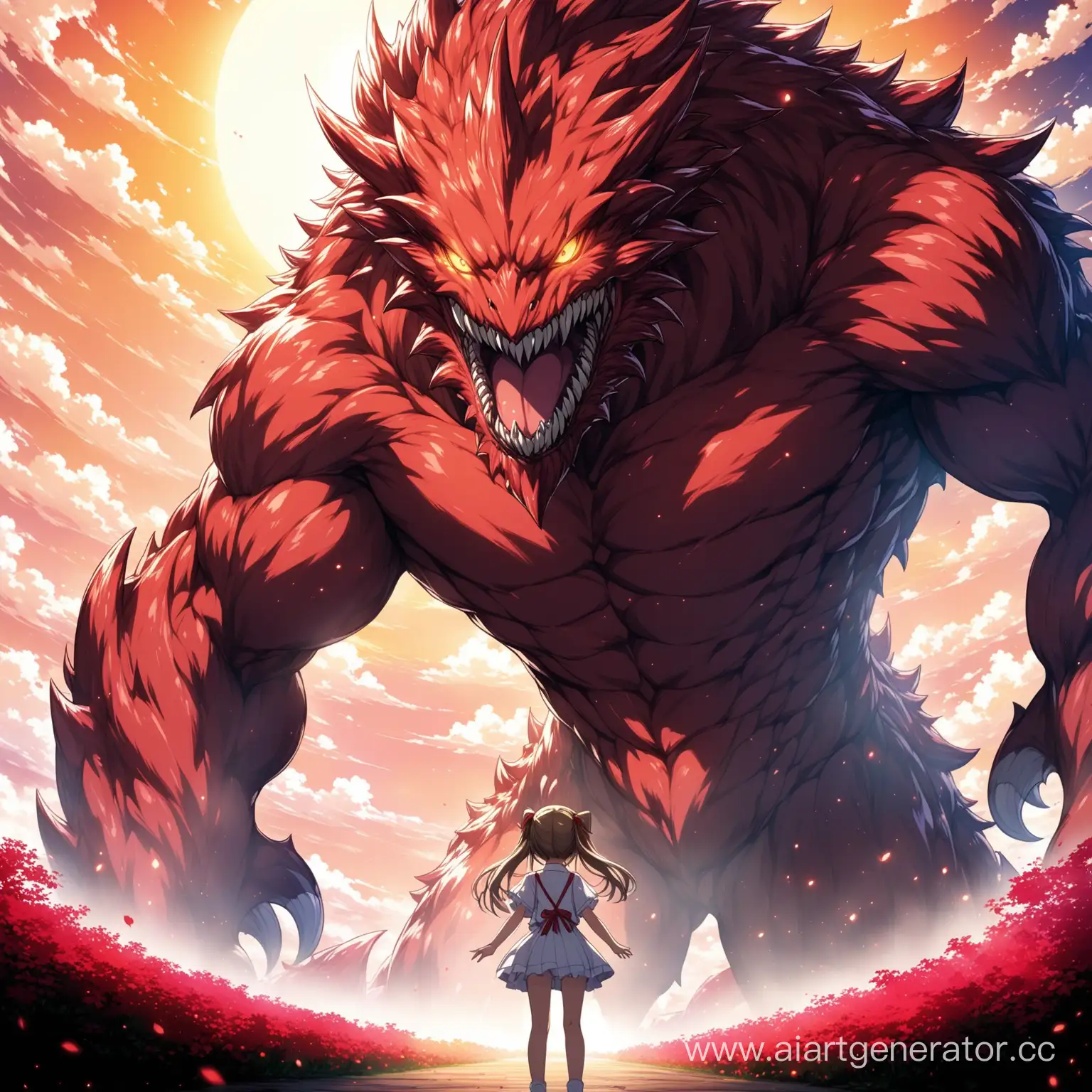 Anime-Loli-Character-Behind-Enormous-Monster-with-Beautiful-Girl-in-Foreground