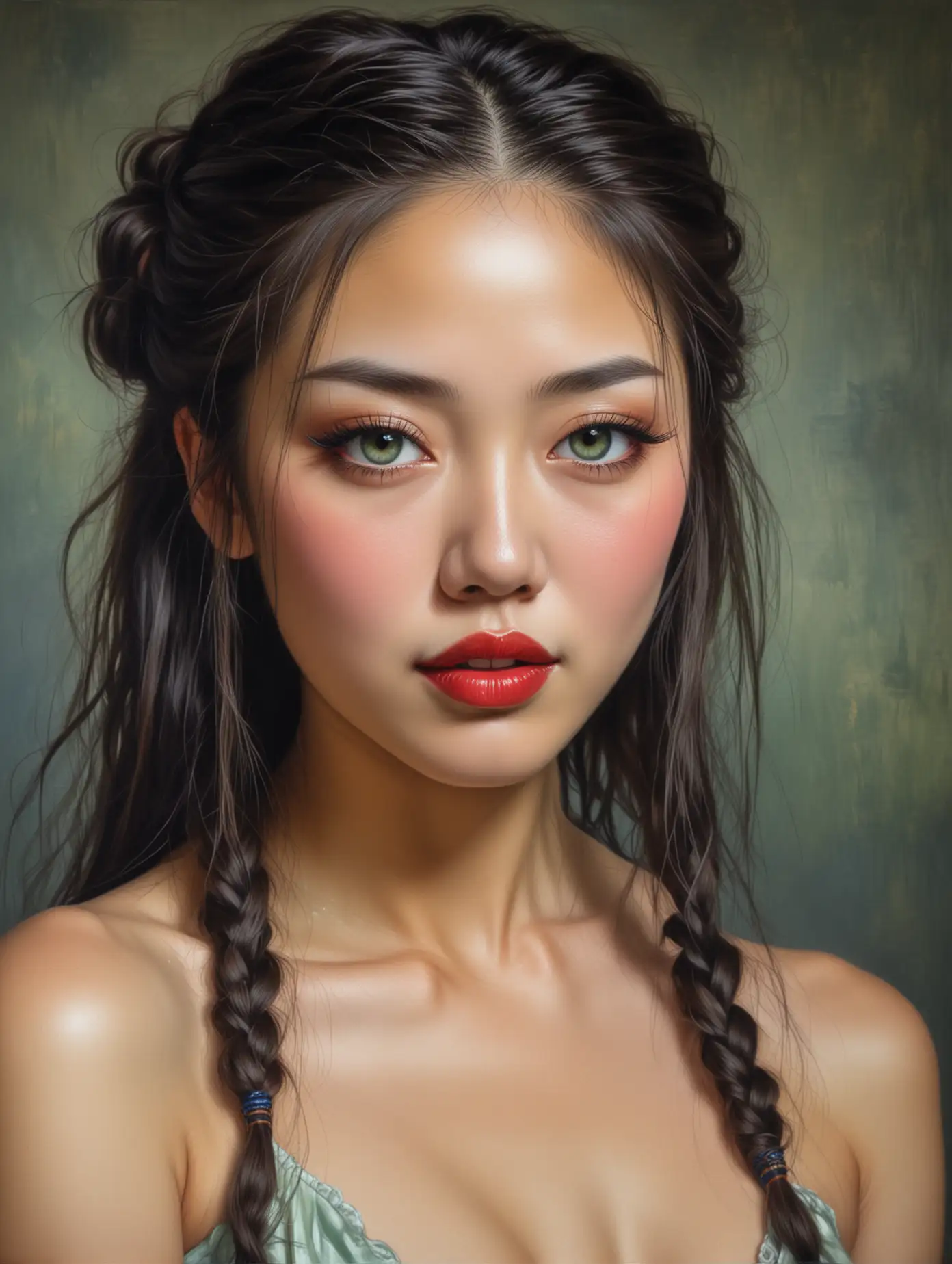 Cole oil painting of a green-eyed nude Chinese  maiden with cleft chin, ruby red lips, blue eye shadow, very long eyelashes, long flowing braided hair, HDR