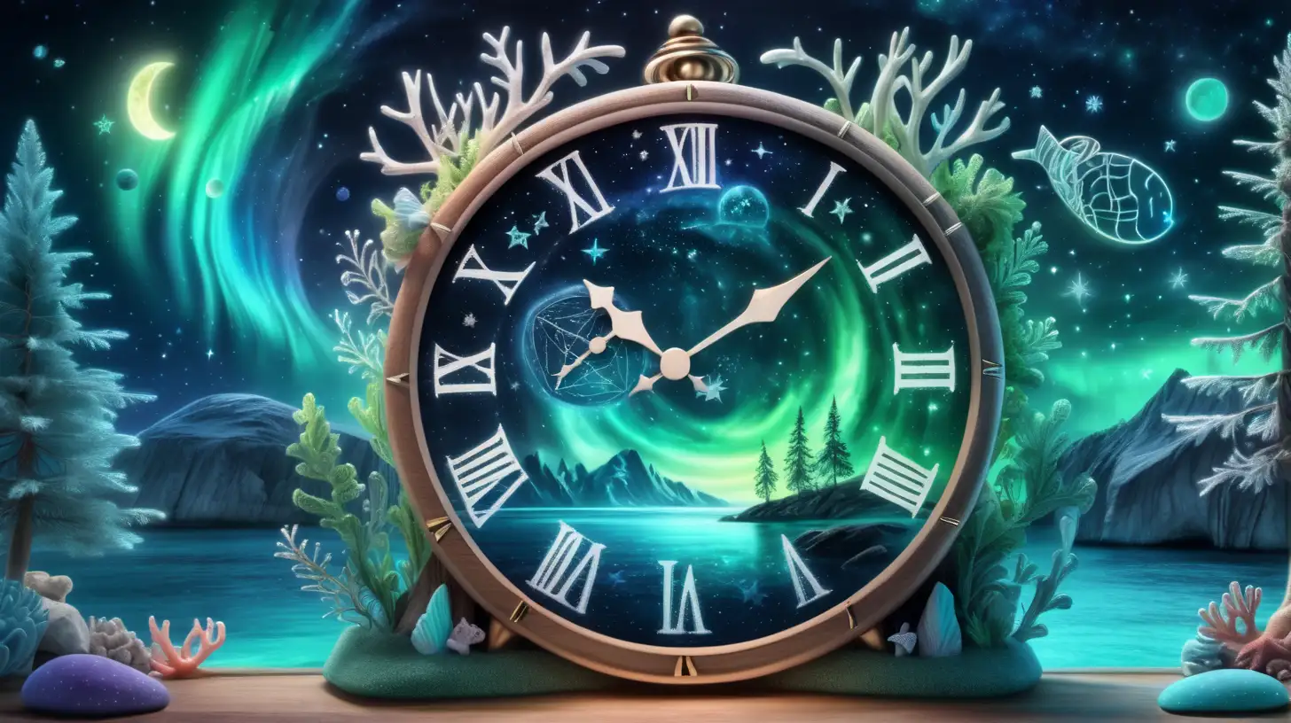 Enchanting Magical Clock on Fairytale Chalkboard with Northern Lights and Ocean Scene