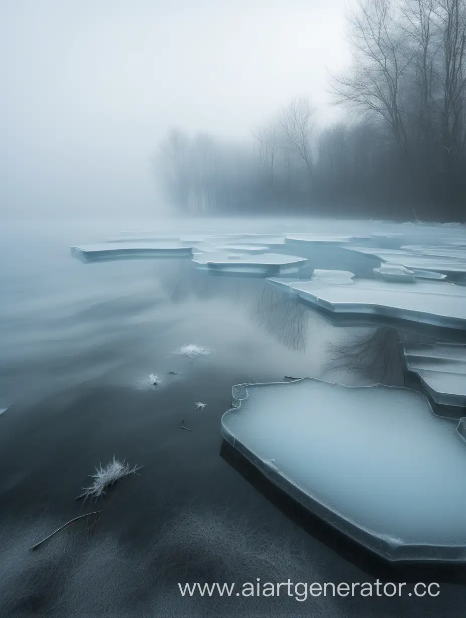 Ледяноой берег озера в тумане в оттенках серого и бледно-голубого