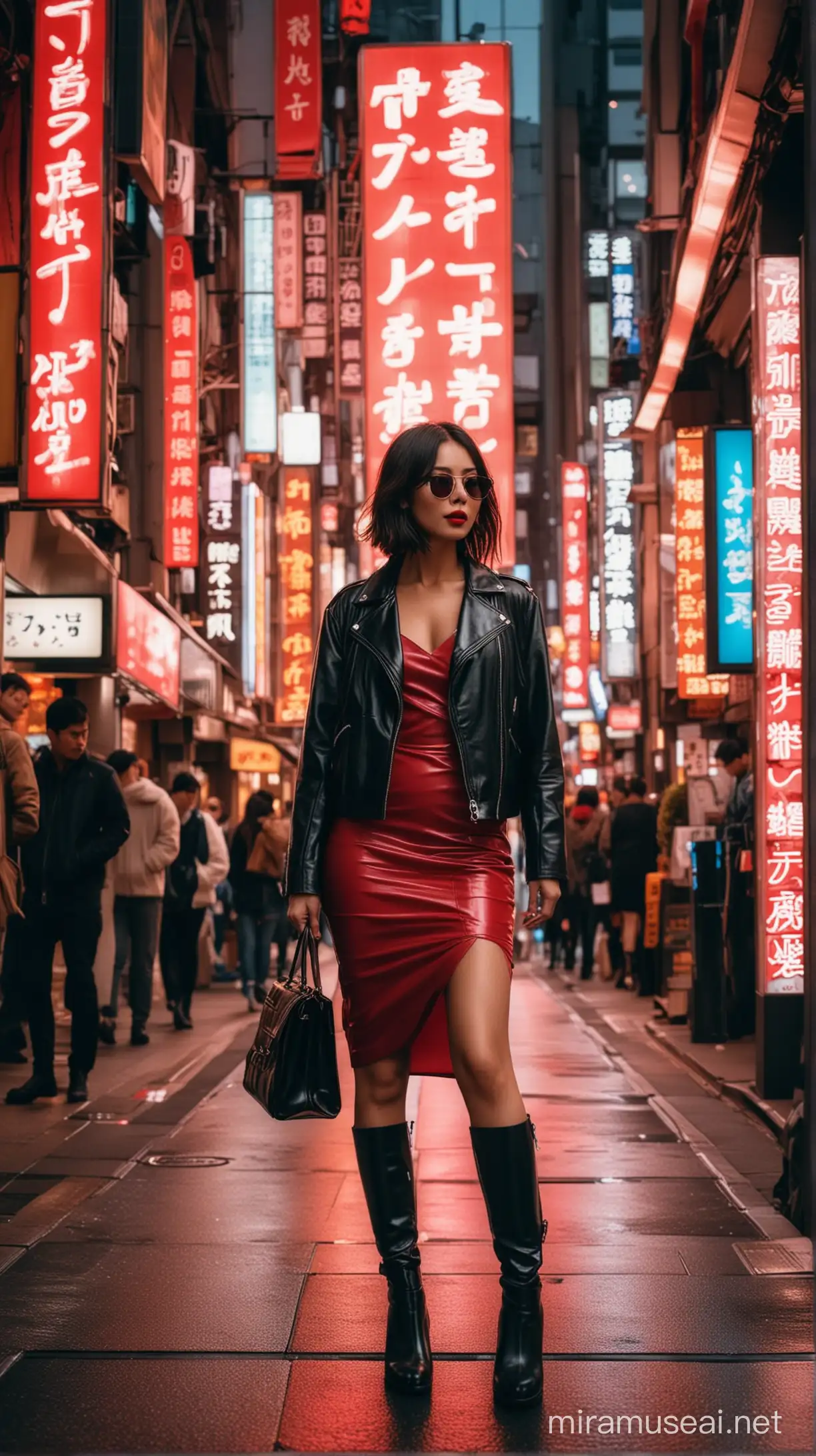 Stylish Woman Strolling Tokyos NeonLit Street