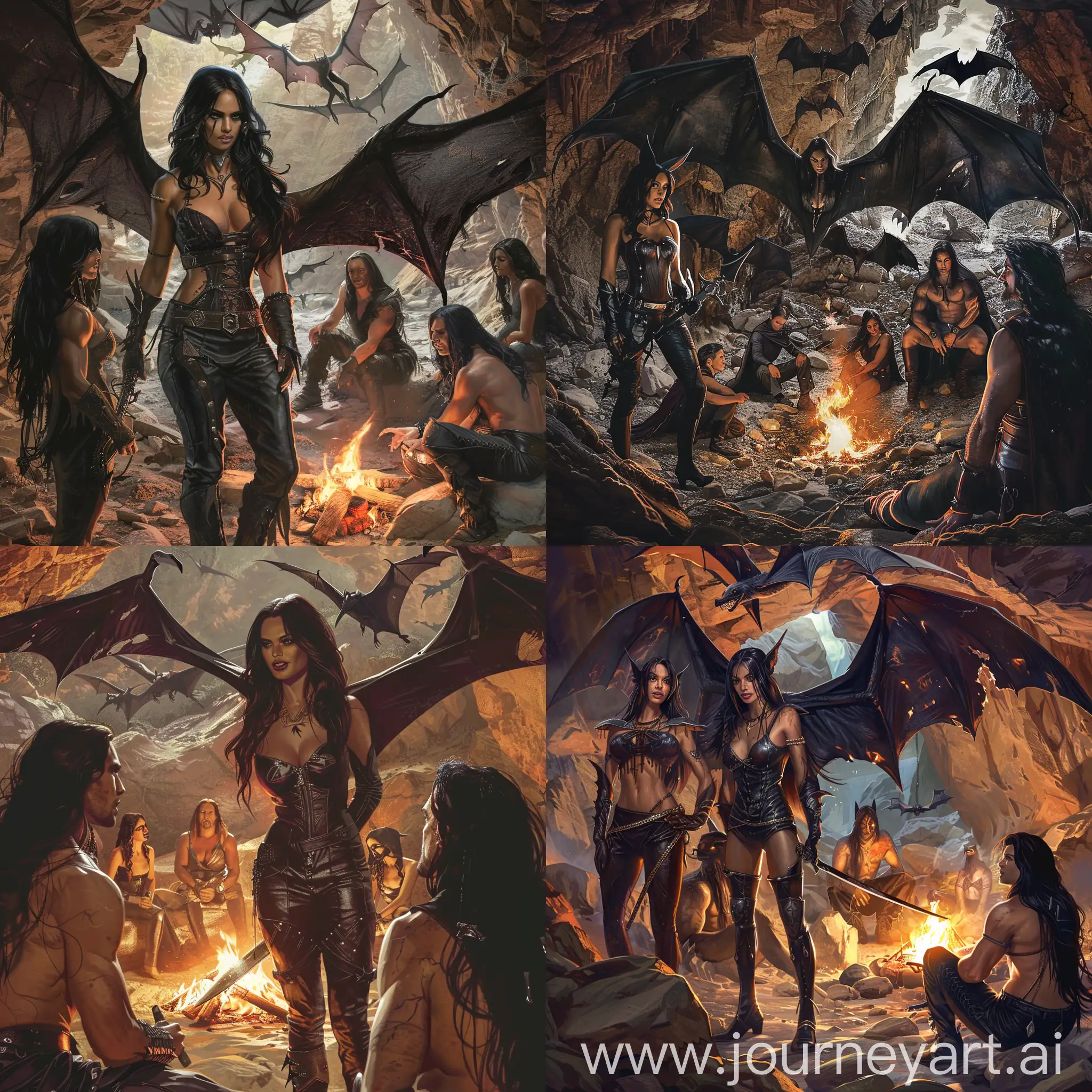 Bat winged beautiful lady with Latino features, dressed in leather, in a cave,  similar bat winged people sitting and standing around a fire in the cave, a Caucasian man with long black hair standing in front of her holding a dagger of solid light. 