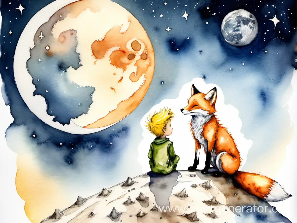 Charming-Encounter-Little-Prince-and-Fox-Share-a-Moonlit-Moment-in-Exquisite-Watercolor
