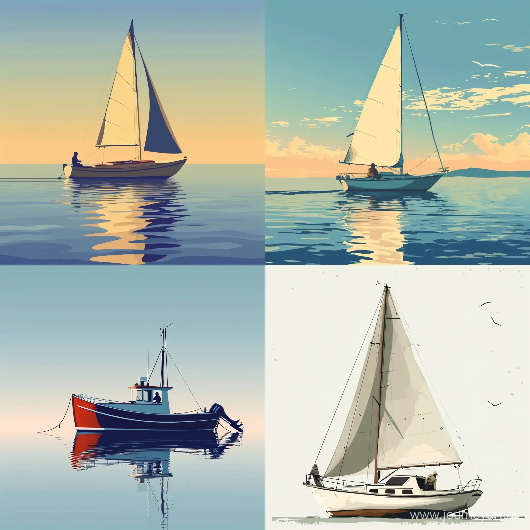 a lone boat with a sailor in it, in vector style, high quality