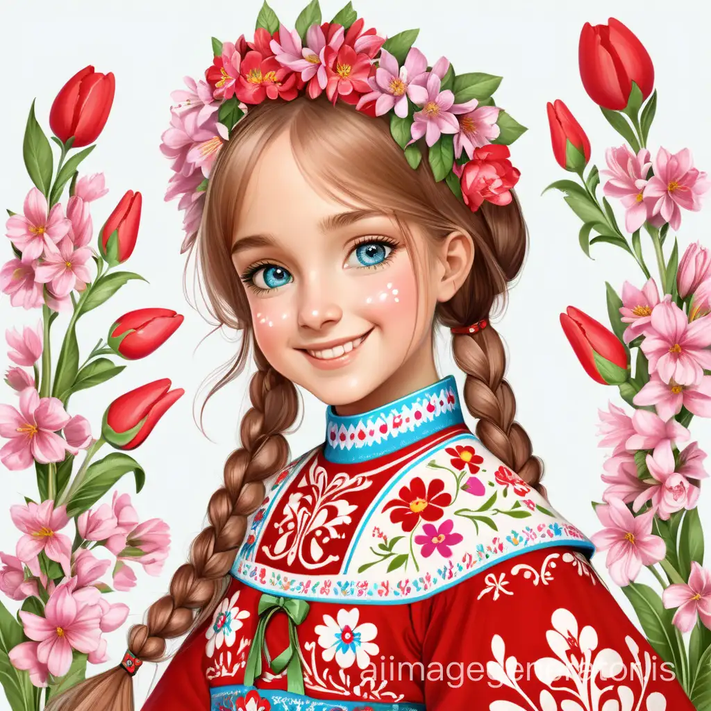 spring girl in Russian folk costume, kind face, smile, spring flowers
