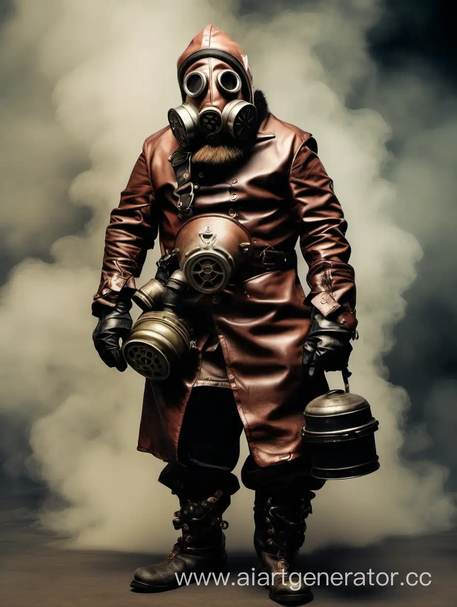 Dwarf in a fully closed gas mask, leather suit, chemical protection, steampunk