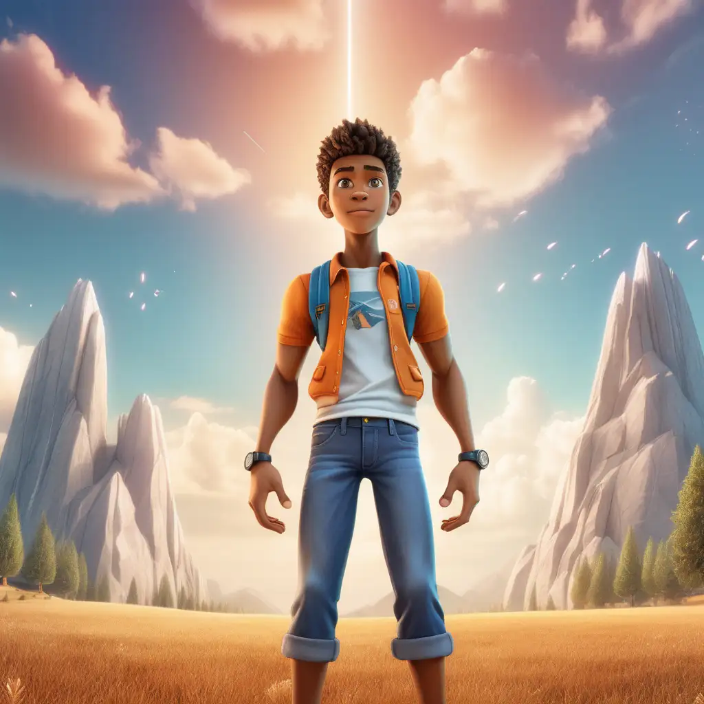Create a 3D illustrator of an animated scene where an individual young man stands tall, shoulders squared, and head held high. Their facial expression radiates self-assurance, and there's a spark of determination in their eyes. Beautiful and spirited background landscape illustrations.