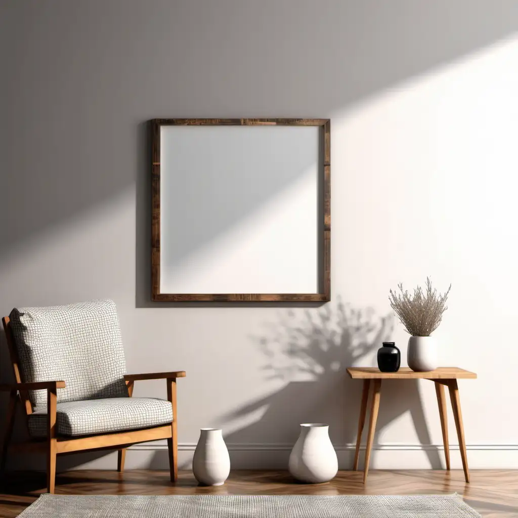 photo wooden poster white blank frame mockup, reflection, shadow overlay, cozy living, farmhouse stlyle, warm room, 4K, exclude random objects,