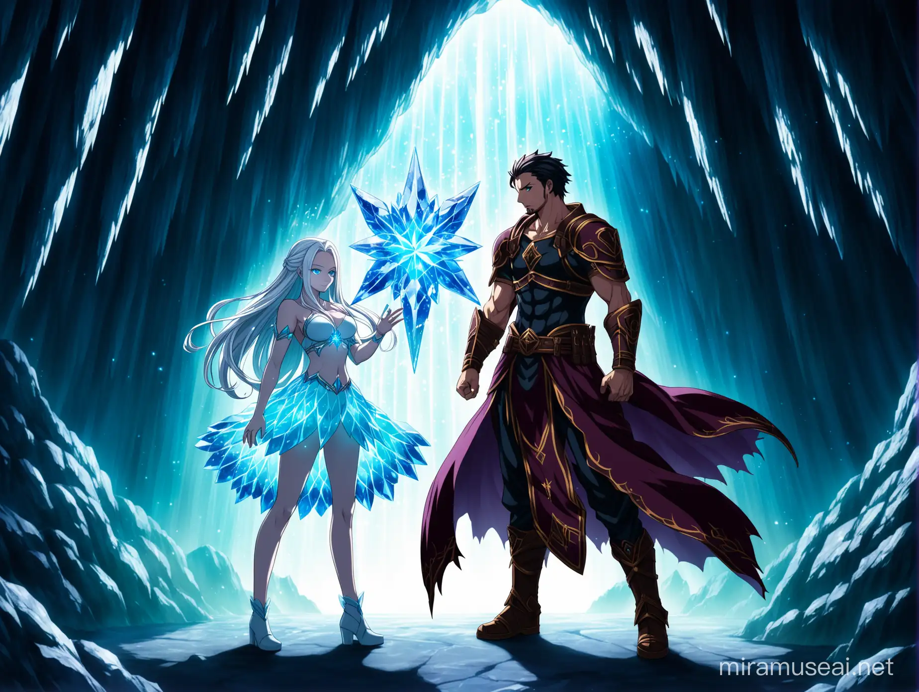 mirajane straus in angelic form and her boyfriend a male latin warrior protect a blue crystal in a luminous cave