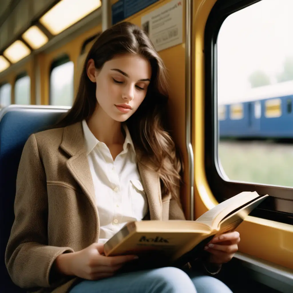 Brunette Model Reading Book on Train Photorealistic Kodak Gold 400 Film Scene