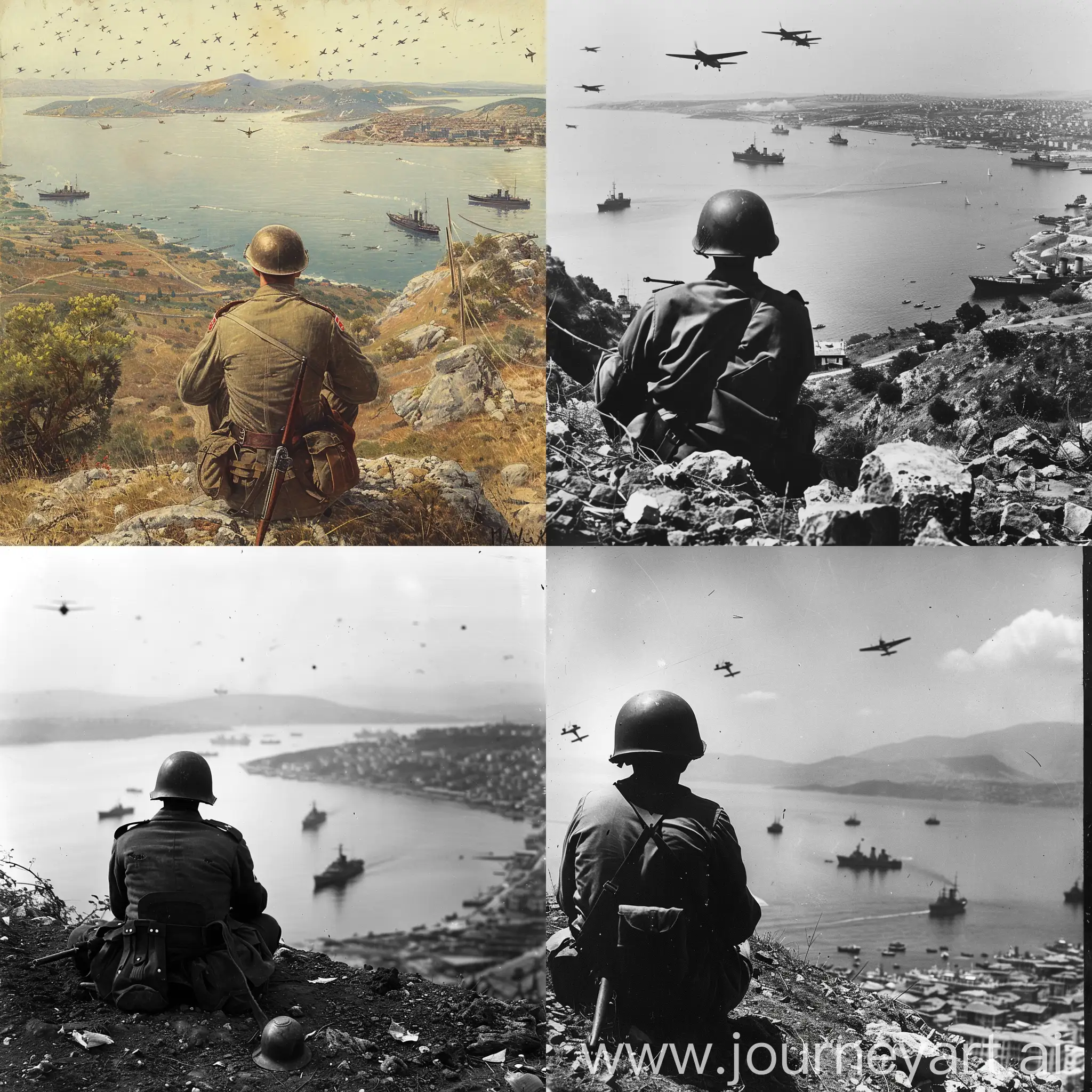 The Canakkale soldier watches the enemy ships and planes coming from the opposite shore, alone from the hill.