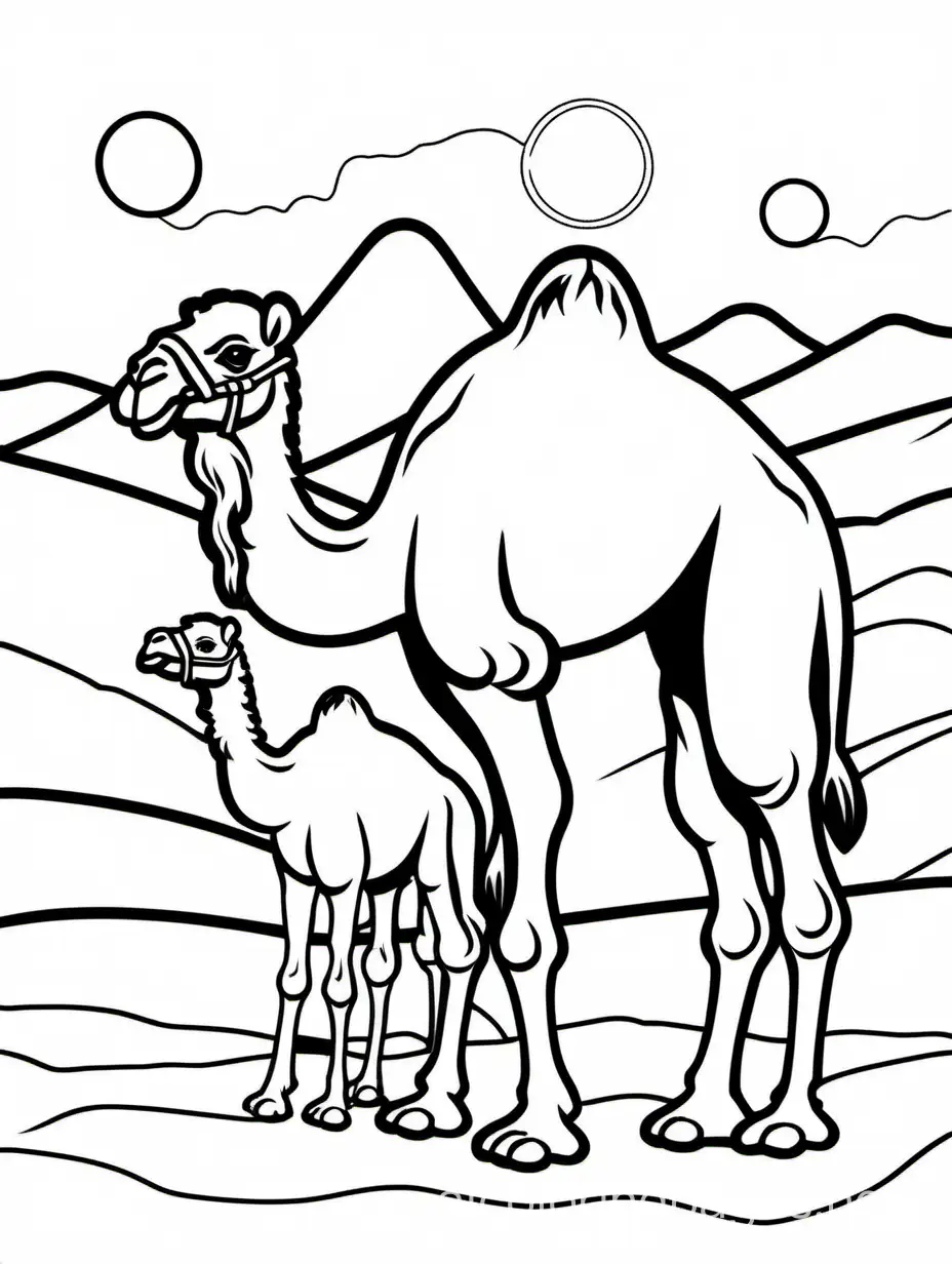 Adorable-Camel-and-Baby-Coloring-Page-for-Kids-Simple-Line-Art-on-White-Background