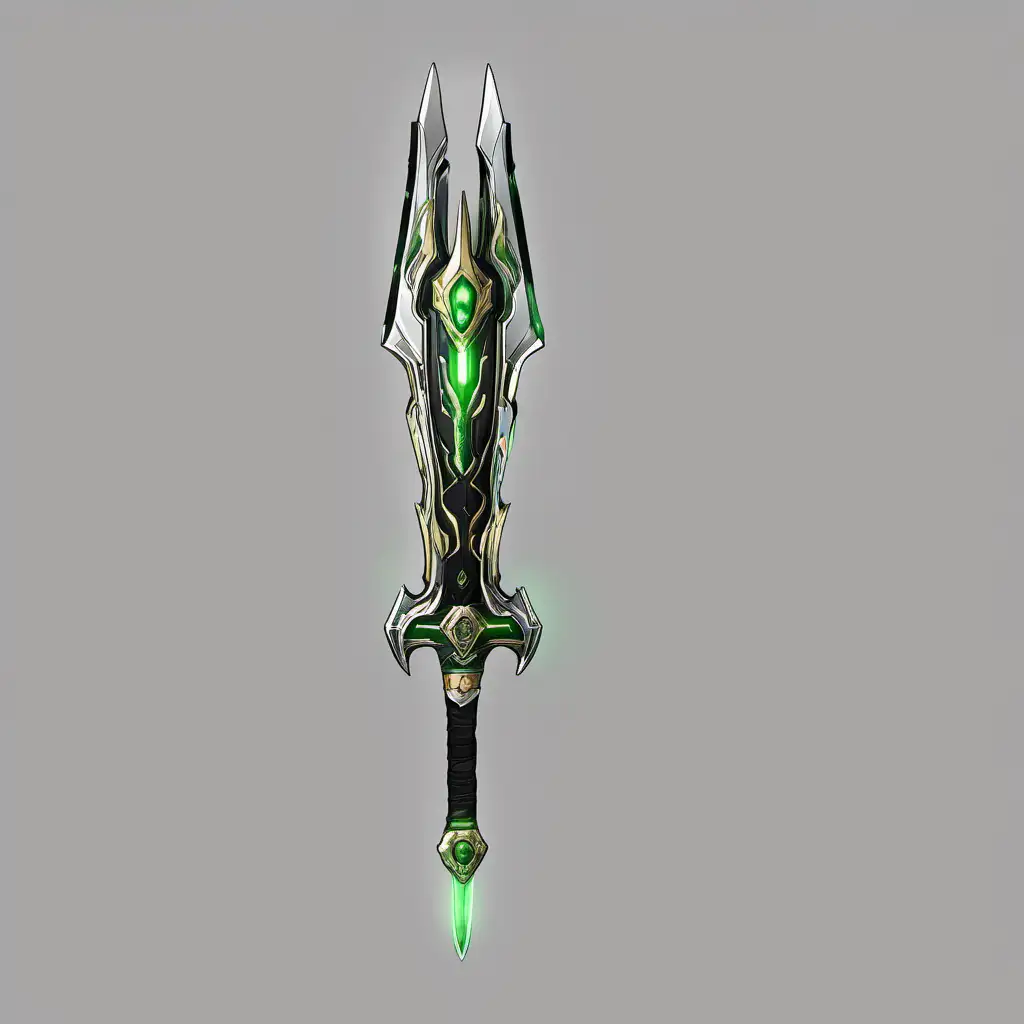 scifi phantasy star themed greatsword Long handle sword knight light sword themed realistic videogame concept gold black and white with green glow and metallic highlights