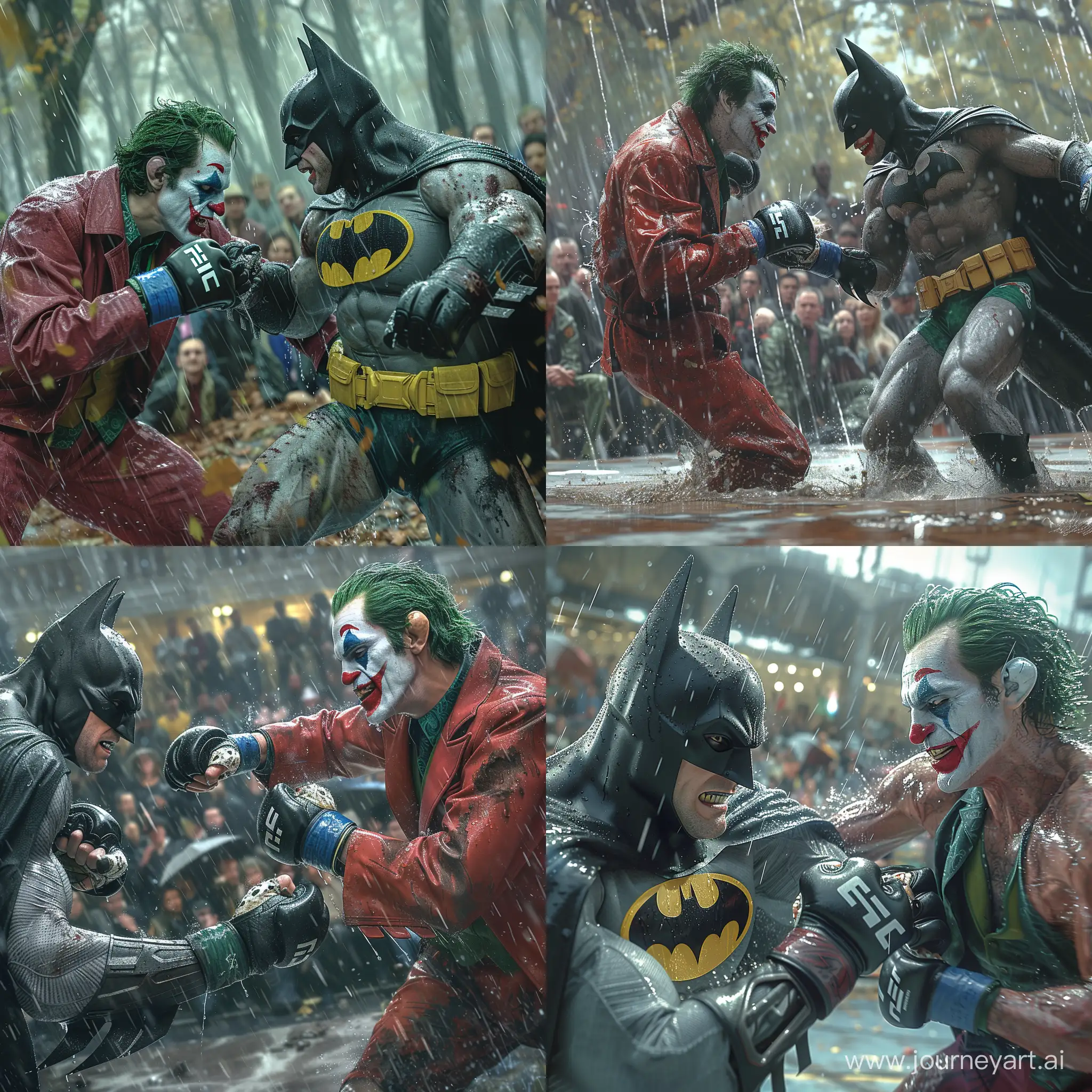 A realistic picture of batman  and the the joker playing mma in the rain, in front of an s udience watching the match, with blur in the background, accuracy, focus, and very fine details on fabrics, skin, and skin --stylize 750 --v 6