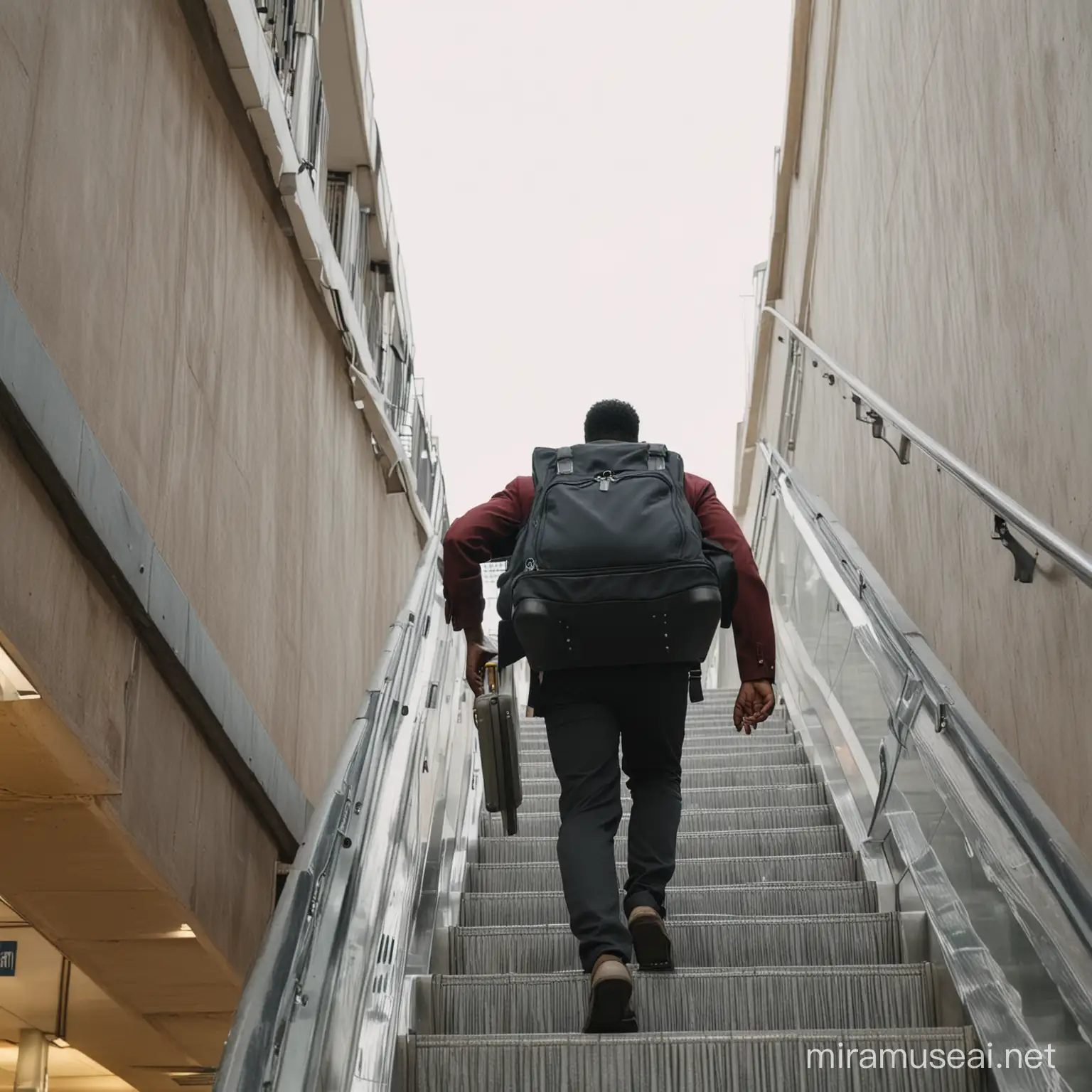lower reverse  shot  of an African man holding luggage climbing to the top of an escalator