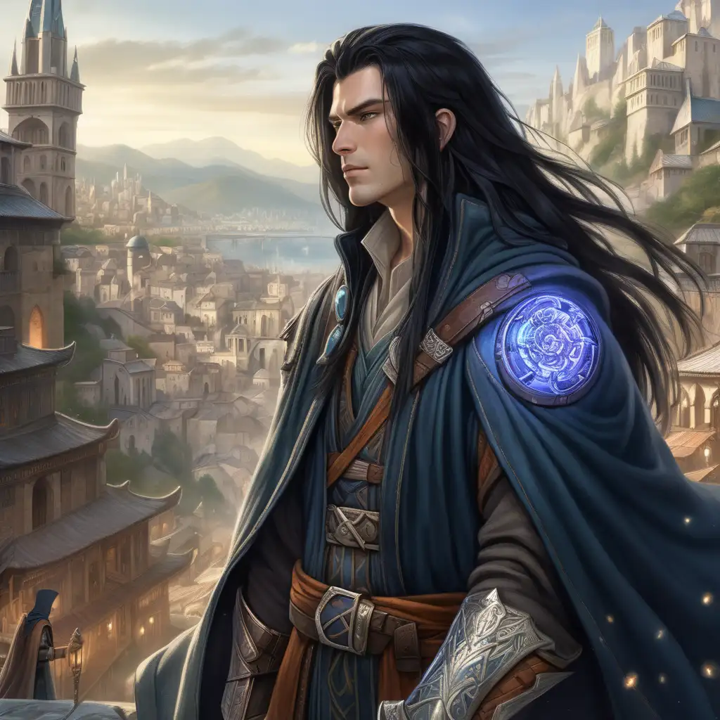 A young man stands at the edge of a bustling city, clean-shaven with tout, pale skin. He has long black hair that flows down his back. His attire consists of a mix of rugged adventurer's gear and elements of mystical robes, including a long, flowing cloak and intricately designed armor pieces that hint at his arcane abilities. Around his neck, he wears a prominent, ancient amulet, glowing subtly. The city behind him is alive with activity, signaling the beginning of a new chapter in his epic journey. Detailed