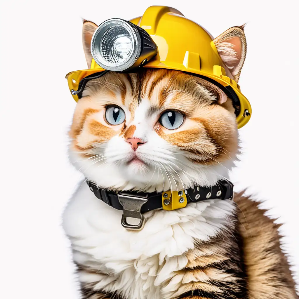 Adorable Cat Wearing Mining Helmet with Headlamp
