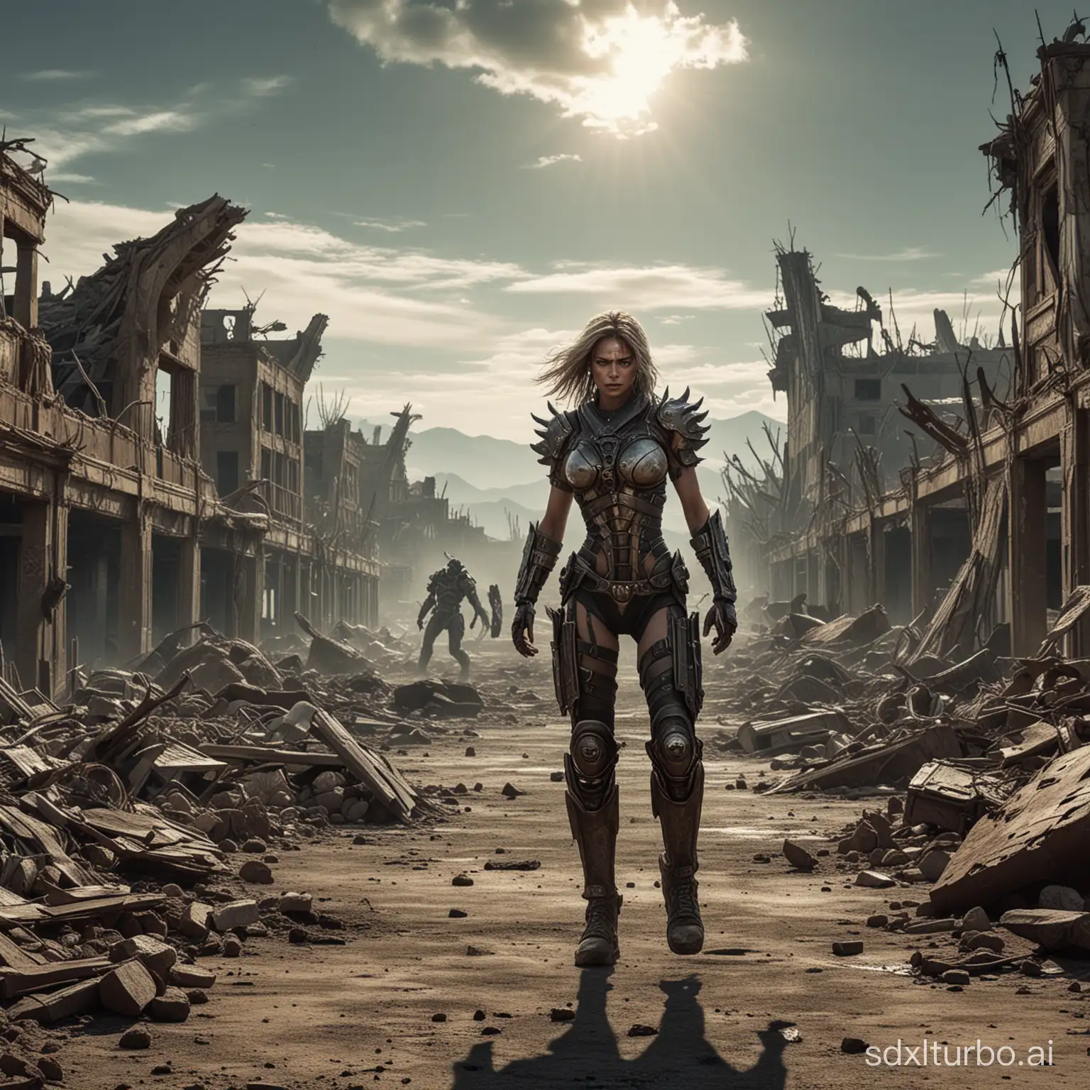 Wasteland style, movie quality, photography, surreal, virtual, tearing up monsters, monsters, invading Earth, fierce expressions, destruction, ruins, large-scale scenes,