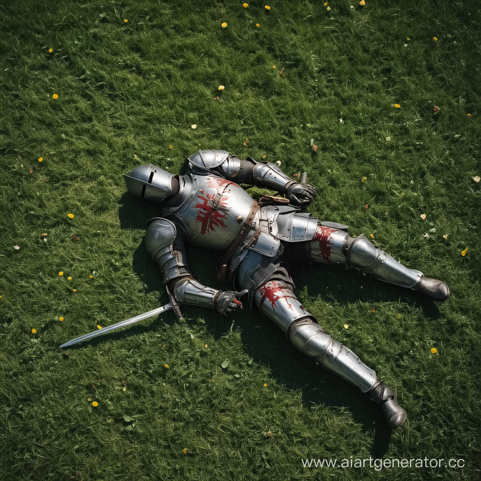 Раненный рыцарь лежит на траве