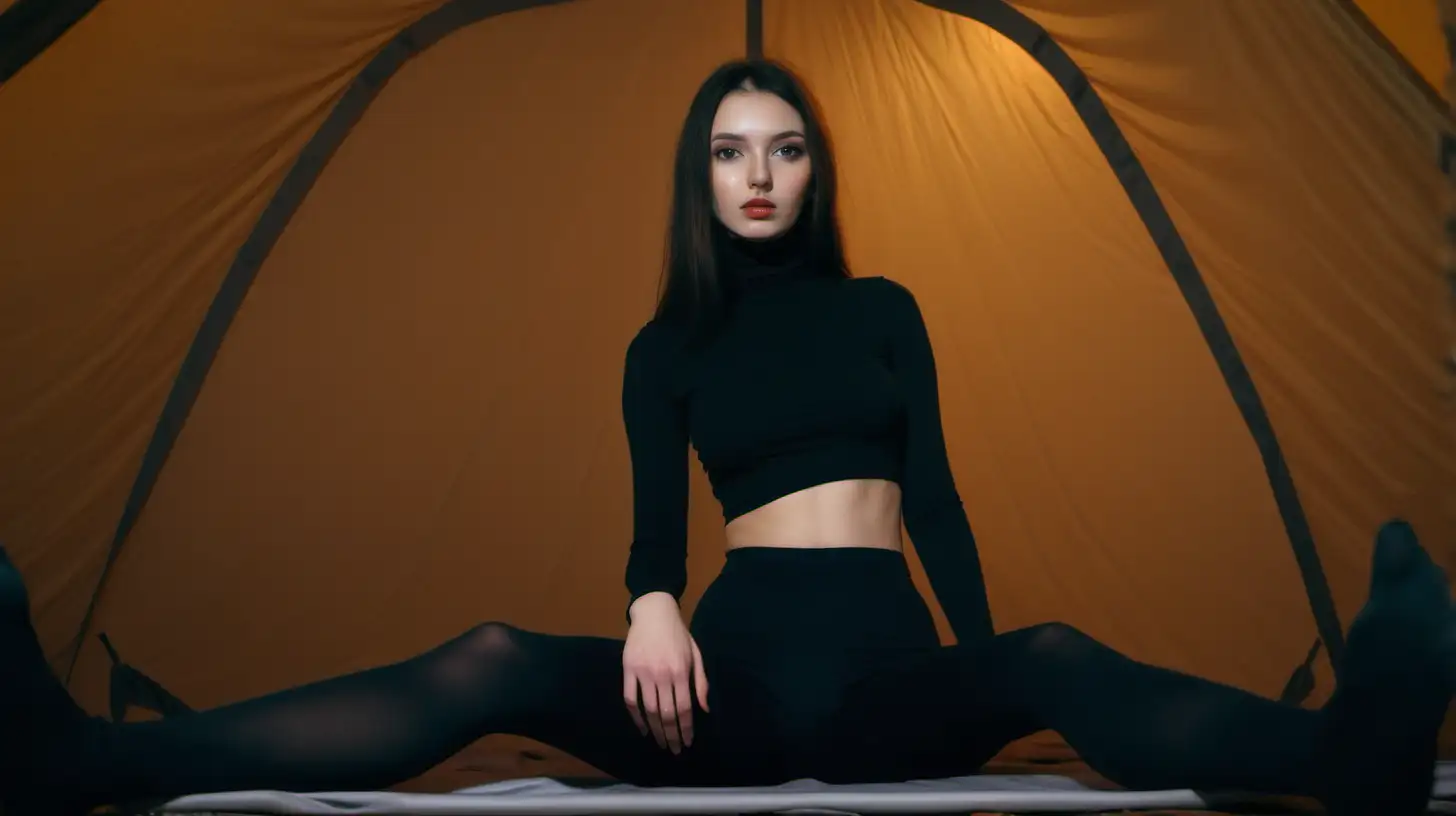 young slender brunette girls wearing tight turtleneck croptop and black tights in a tent at night 