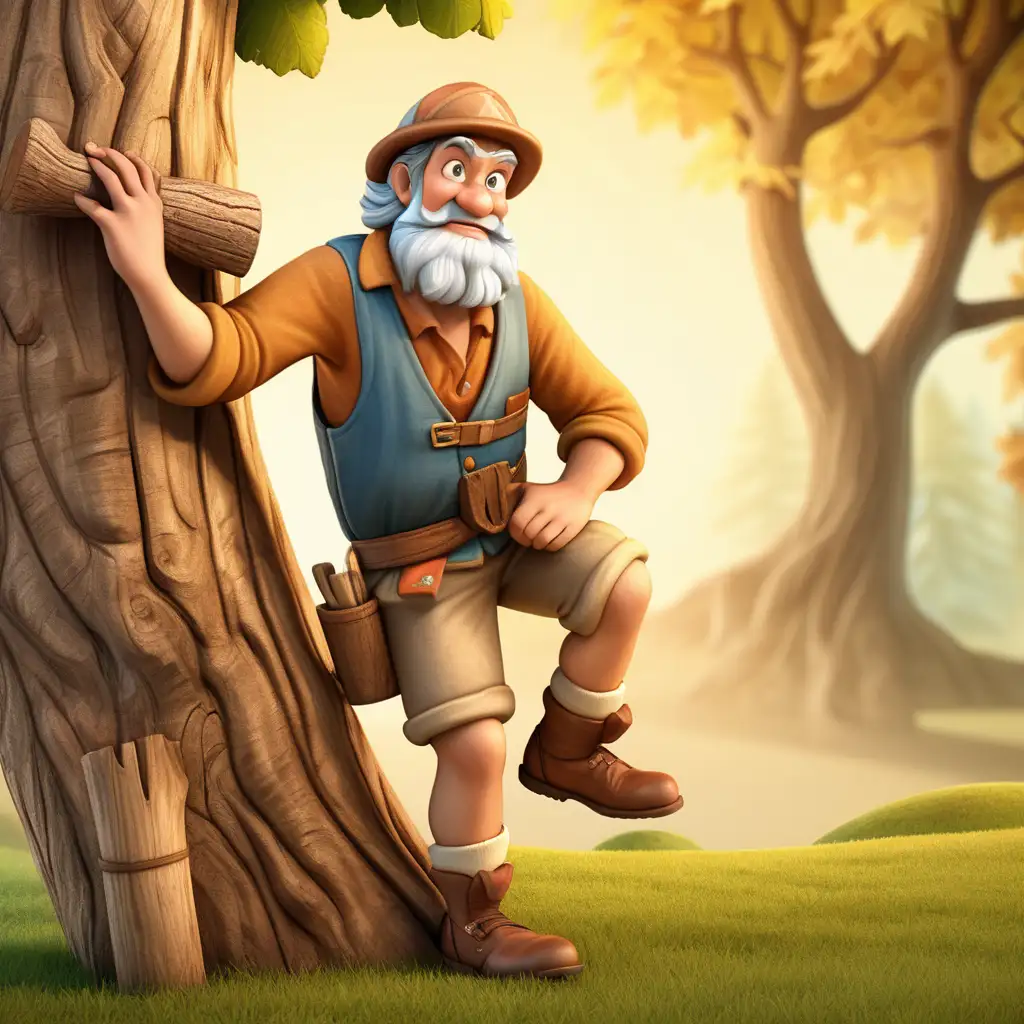 Charming 18th Century Woodcutter Hiding Behind Tree in Vibrant Scene